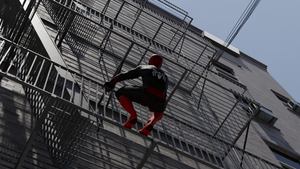 Spiderman hanging onto a fire escape railing, while making his way to deliver a Spiderman Video Message.